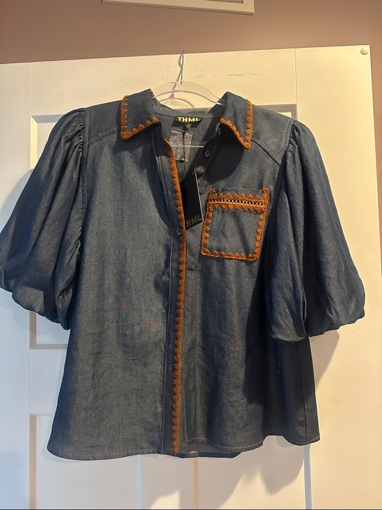 THML Tops - THML Indigo Puff-Sleeve Denim Shirt with Rust Trim